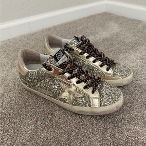 Golden Goose Gold Glitter Low-Top Sneakers with Leopard Laces